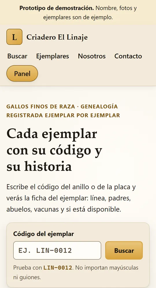 Portada del criadero en un teléfono: Cada ejemplar con su código y su historia, con un buscador por código.