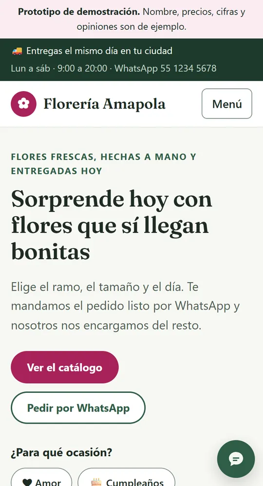 Portada de la florería en un teléfono: Sorprende hoy con flores que sí llegan bonitas, con botones para ver el catálogo y pedir por WhatsApp.
