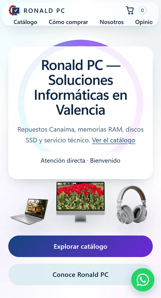 Portada de Ronald PC en un teléfono: Soluciones Informáticas en Valencia, con botón para explorar el catálogo.
